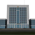 Modern Office Building with Glass Curtain Wall Symmetrical Design Surrounded by Trees and Open Plaza