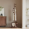 Modern Wooden Coat Rack with Clothes and Basket in Minimalist Room