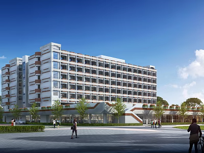 Modern Multi Story School Building Design With Glass Windows Plaza Green Plants And Pedestrians 3d model