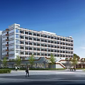 Modern Multi Story School Building Design With Glass Windows Plaza Green Plants And Pedestrians