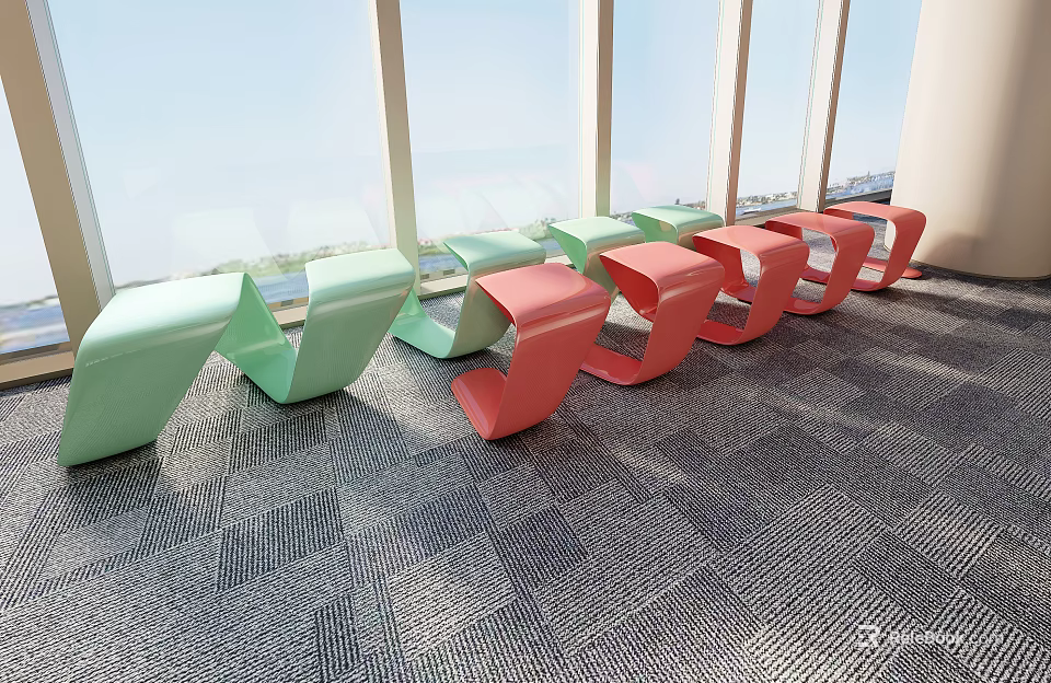 Modern Public Chairs Green And Red By Large Windows Indoor Space With Gray Carpet 3d model 