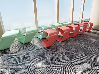 Modern Public Chairs Green And Red By Large Windows Indoor Space With Gray Carpet 3d model