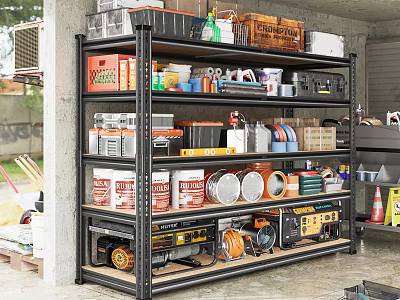 Organized Garage With Metal Shelves Holding Tools Containers And Storage Supplies 3d model