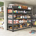 Organized Garage With Metal Shelves Holding Tools Containers And Storage Supplies