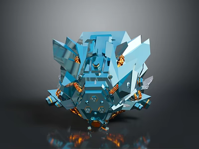 Blue Mechanical Game Movie Character With Sharp Crystal Edges And Orange Details 3d model