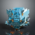 Blue Mechanical Game Movie Character With Sharp Crystal Edges And Orange Details