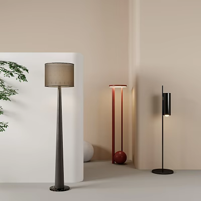 Modern Floor Lamps With Stylish Designs Different Colors And Fabric Shades In Minimalist Interior 3d model