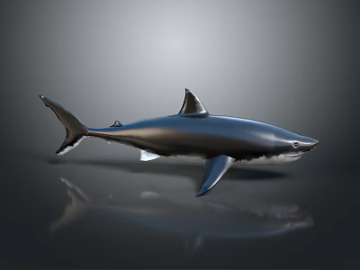 Metallic Shark Swimming Pose With Detailed Fins Dark Background Clear Reflection 3d model
