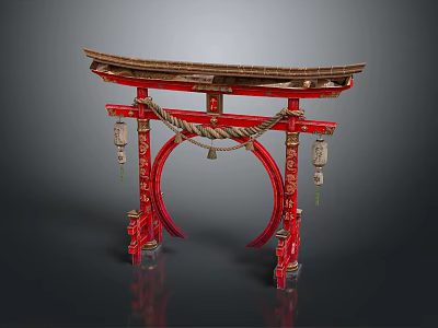 Traditional Red Torii Gate Decor With Wooden Top Rope And Bells 3d model