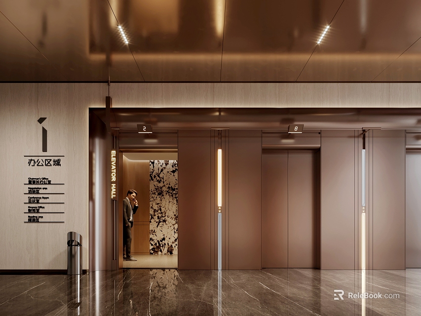 Modern Elevator Lobby Interior With Warm Lighting And Marble Floor 3d model 