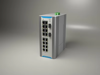 Industrial Ethernet Switch With Multiple Ports Green Indicator And Metal Casing 3d model