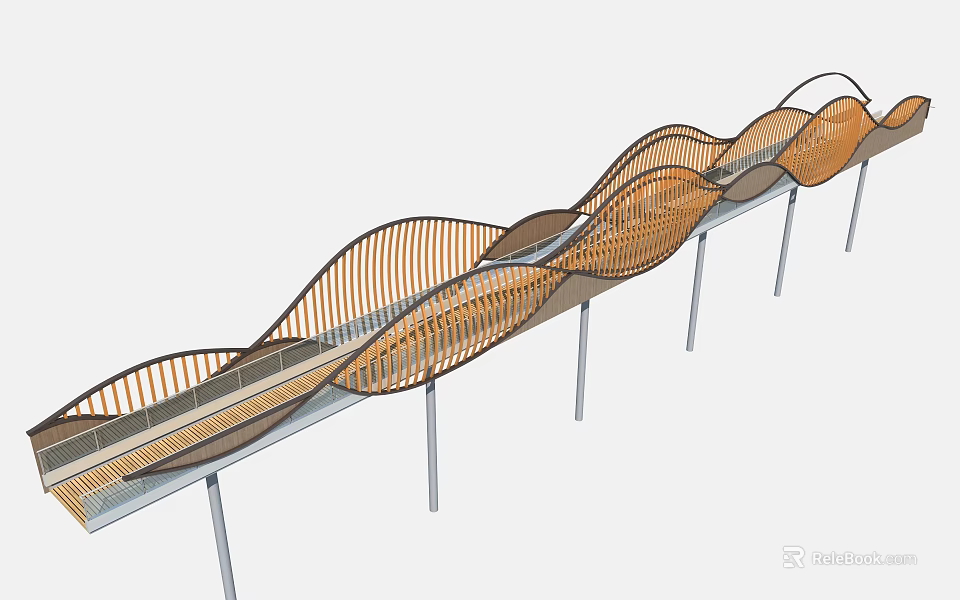 Modern Landscape Bridge with Wavy Curved Structure Supported by Slender Pillars in Contemporary Design 3d model 