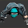 3D Character With Teal Hair Headphones Hoodie And Cargo Pants Squatting Pose Peace Sign