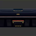 Dark Blue Upright Piano with Black White Keys Red Stool and Gold Accents