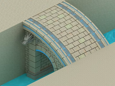 Arch Stone Bridge With Brick Roof Blue Decorative Patterns Dragon Head Ornament Over Water Channel 3d model