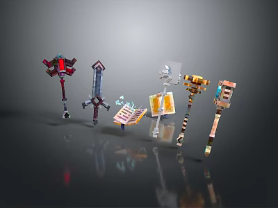 Colorful Fantasy Weapons Display With Swords Axes Staffs And Decorative Ornate Designs 3d model
