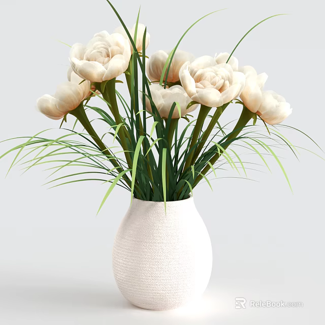Modern Minimalist White Vase With White Peony Flowers And Green Leaves For Home Decor 3d model 