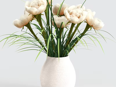 Modern Minimalist White Vase With White Peony Flowers And Green Leaves For Home Decor 3d model