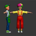 Animated Boy With Green Cap And Clown With Colorful Hair In Overalls Stretching Arms