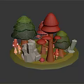 Cartoon Forest Scene featuring green trees red mushroom trees white stones and red spotted mushrooms
