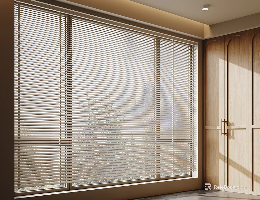 Modern Venetian Blinds Covering Large Window With Wooden Door And Tree View 3d model 