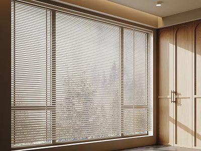 Modern Venetian Blinds Covering Large Window With Wooden Door And Tree View 3d model
