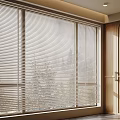 Modern Venetian Blinds Covering Large Window With Wooden Door And Tree View
