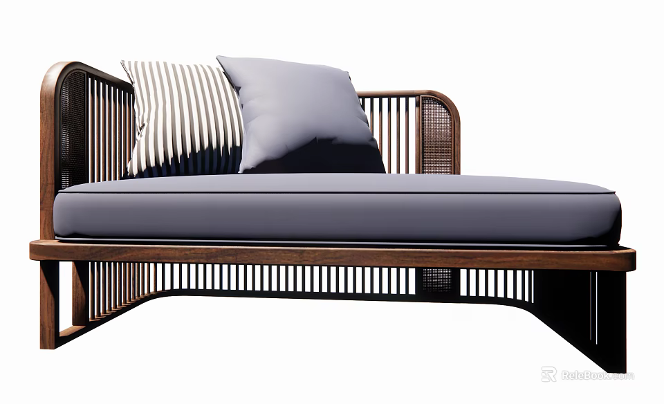 Modern Chaise Lounge With Wooden Frame Gray Cushion And Striped Pillow 3d model 