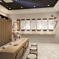 Elegant Exhibition Hall Featuring Traditional Statue And Calligraphy On Wooden Walls