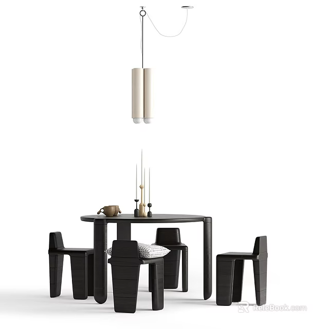 Modern Round Dining Table Set With Black Chairs And Hanging Light Decorative Items 3d model