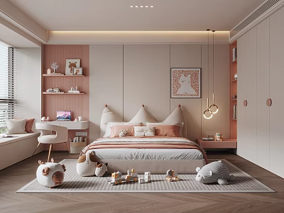 Cozy Modern Kids Room Interior Design With Pink Bedding Cat Painting And Toys 3d model