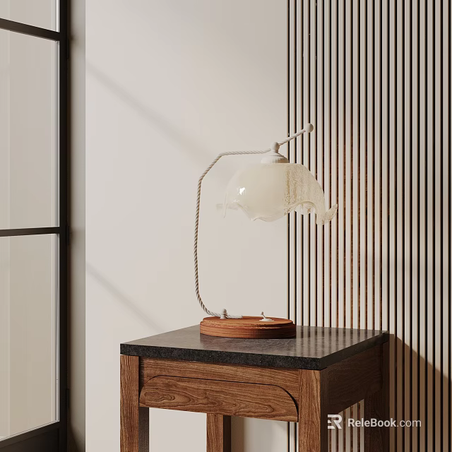 Modern Minimalist Table Lamp with White Lampshade and Wooden Base on Dark Countertop 3d model 