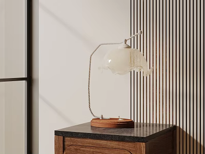 Modern Minimalist Table Lamp with White Lampshade and Wooden Base on Dark Countertop 3d model