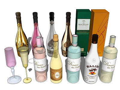 Elegant Wine Bottles And Glasses With Various Colors And Brand Boxes 3d model