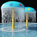 Blue Mushroom Shaped Fountain With Colorful Dots And Flowing Water From Top To Pool Base