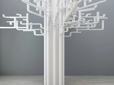 White Pipes Forming Tree Structure With Multiple Branches Against Gray Wall And Wooden Floor 3d model
