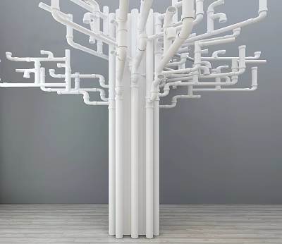 White Pipes Forming Tree Structure With Multiple Branches Against Gray Wall And Wooden Floor 3d model