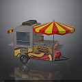 Colorful Hot Dog Cart With Red Yellow Striped Umbrella And Flame Design
