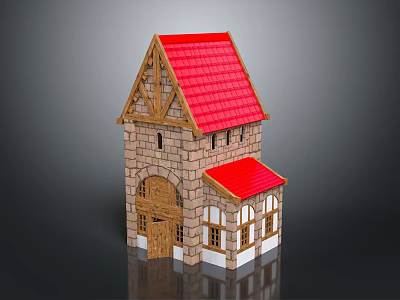 Cartoon Scene House Featuring Red Roof Stone Walls Wooden Door And Windows 3d model