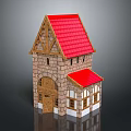 Cartoon Scene House Featuring Red Roof Stone Walls Wooden Door And Windows