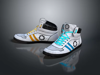 White High Top Sneakers With Yellow And Blue Laces And Circular Black Logo 3d model