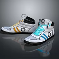 White High Top Sneakers With Yellow And Blue Laces And Circular Black Logo