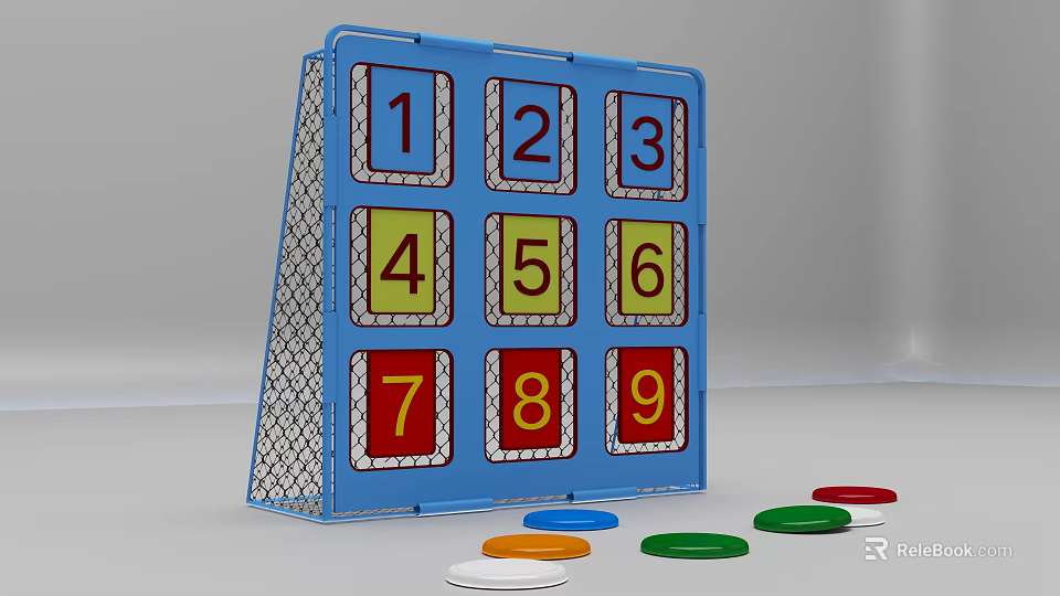 Kids Sports Equipment Blue Target Board With Numbers 1 To 9 And Colorful Throwing Discs 3d model 