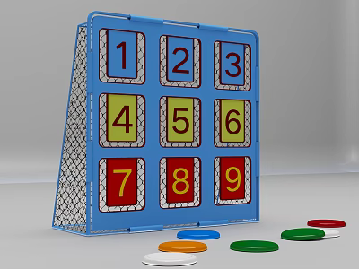 Kids Sports Equipment Blue Target Board With Numbers 1 To 9 And Colorful Throwing Discs 3d model
