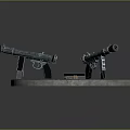Three Unique Firearms With Diverse Color Patterns Displayed On Round Platform