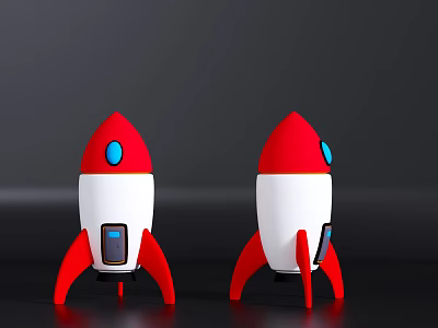 Red and White Rocket Shaped Electric Toys with Blue Windows Black Control Panel Red Stands 3d model