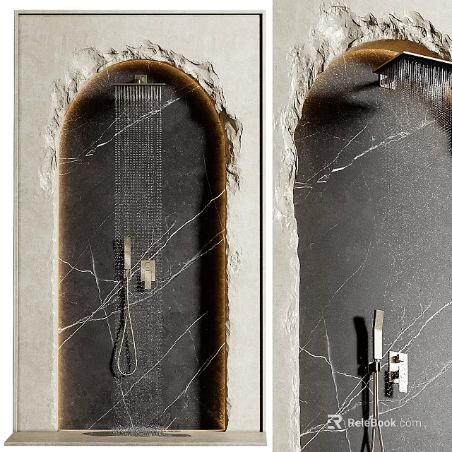 Contemporary Shower Fixture with Handheld Sprayer on Elegant Textured Marble Wall 3d model 