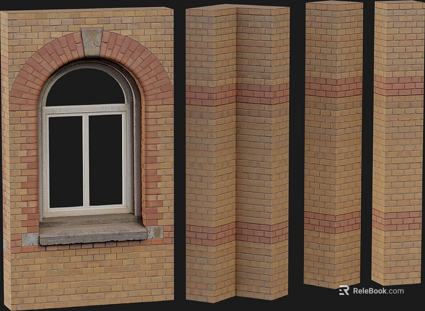 Tan Brick Building Exterior Wall With Arched Double Casement Window And Decorative Red Brick Stripes 3d model 