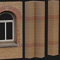 Tan Brick Building Exterior Wall With Arched Double Casement Window And Decorative Red Brick Stripes