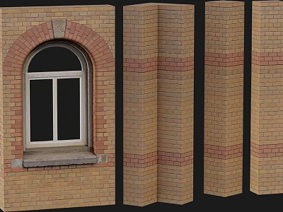 Tan Brick Building Exterior Wall With Arched Double Casement Window And Decorative Red Brick Stripes 3d model